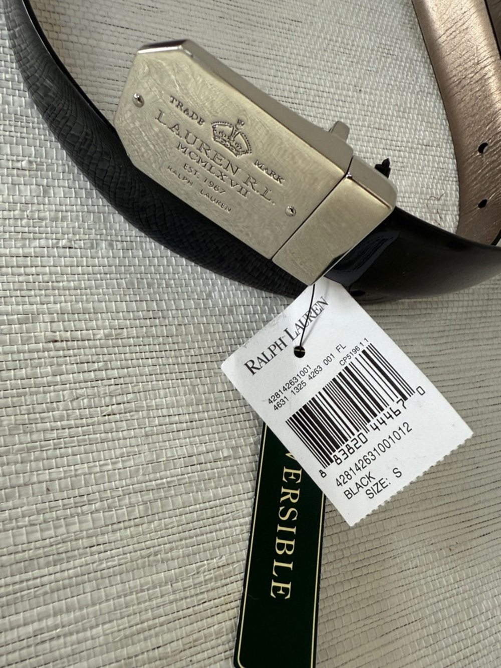 NWT Ralph Lauren Black Leather Belt with Polished Silver Engraved Buckle